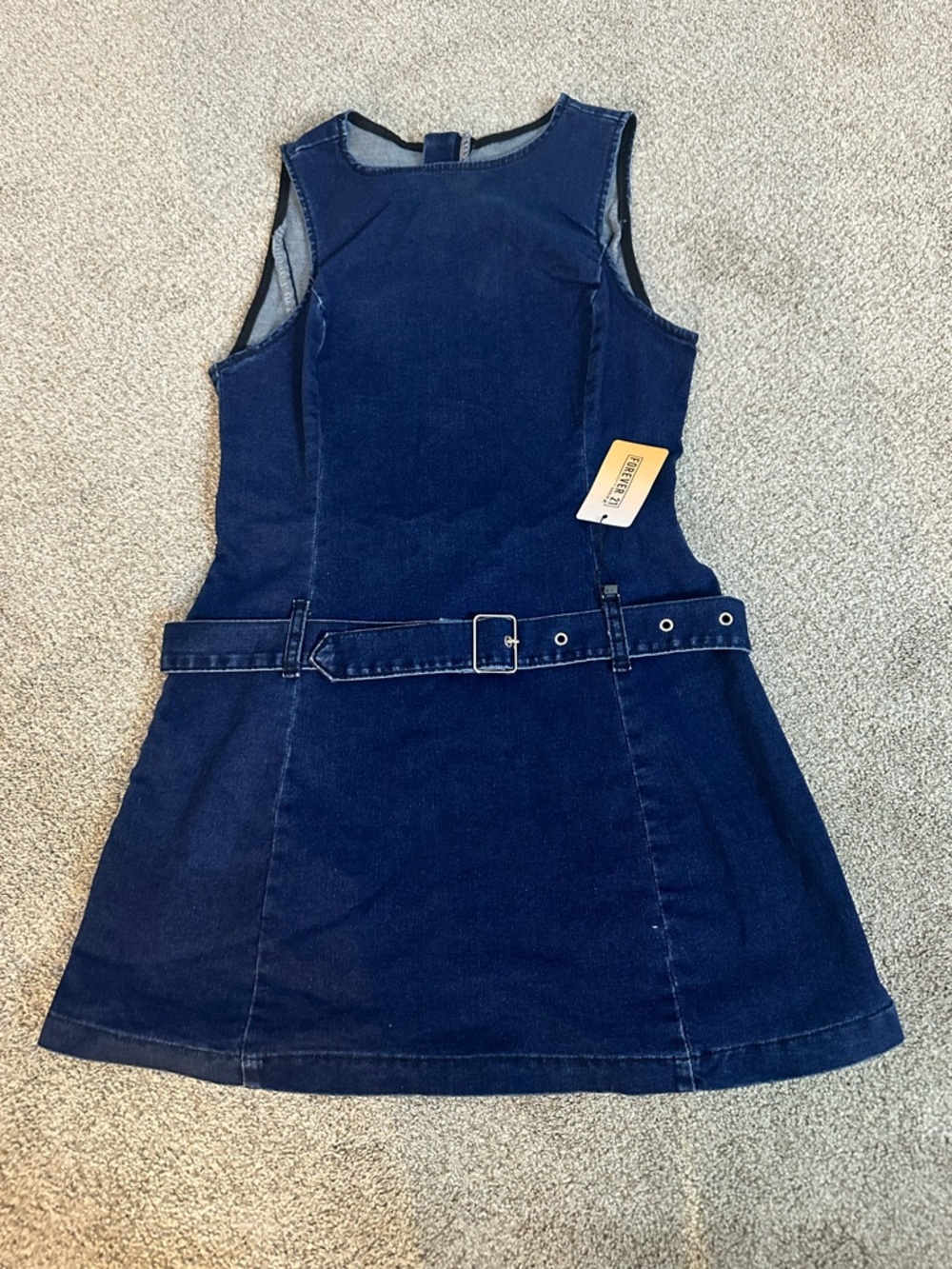 Forever 21 Navy Blue Denim Belted Pinafore Dress